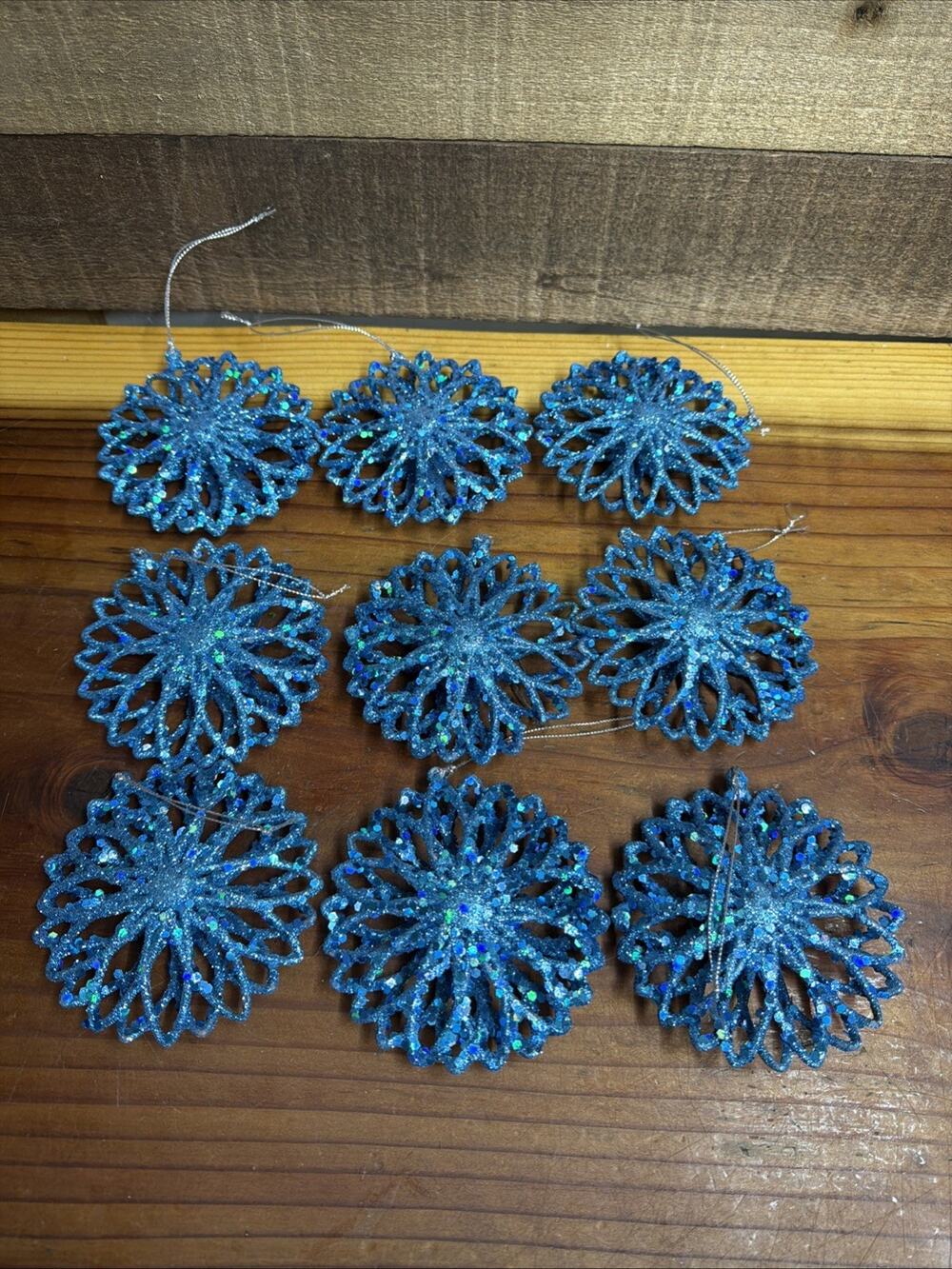 Blue Glitter Snowflakes Ornaments Set Of 9